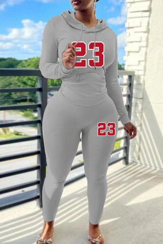 Grey Casual Letter Print Draw String Hooded Long Sleeve Sweatshirt And Pants Sportwear Two Pieces Jogger Sets