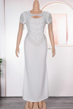 White Hot Drill Zipper O Neck Short Sleeve Mermaid Hem Fringed Trim Hollow Out Long Formal Evening Party Plus Size Bodycon Maxi Dresses