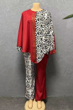 Navy Blue Casual Leopard Print Hot Drill O Neck Long Sleeve Blouse And Wide Leg Pants Vacation Plus Size Two Pieces Trouser Sets