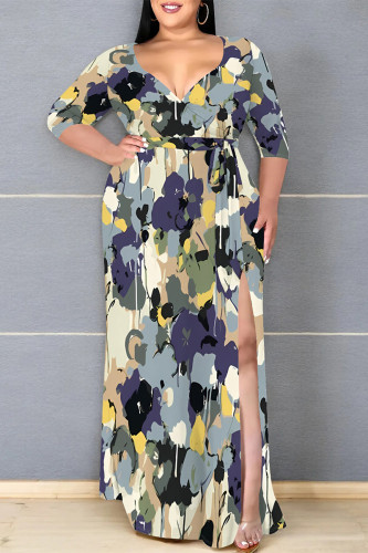 Multicolor Floral Print V Neck Half Sleeve Lace Up Slit Floor Length Belted Long Vacation Plus Size A Line Maxi Dress