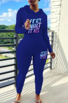 Blue Casual Letter Print Draw String Hooded Long Sleeve Sweatshirt And Pants Sportwear Two Pieces Jogger Sets