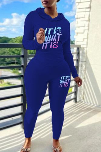 Blue Casual Letter Print Draw String Hooded Long Sleeve Sweatshirt And Pants Sportwear Two Pieces Jogger Sets