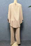 Navy Blue Casual Leopard Print Hot Drill O Neck Long Sleeve Blouse And Wide Leg Pants Vacation Plus Size Two Pieces Trouser Sets