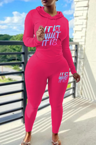 Rose Red Casual Letter Print Draw String Hooded Long Sleeve Sweatshirt And Pants Sportwear Two Pieces Jogger Sets