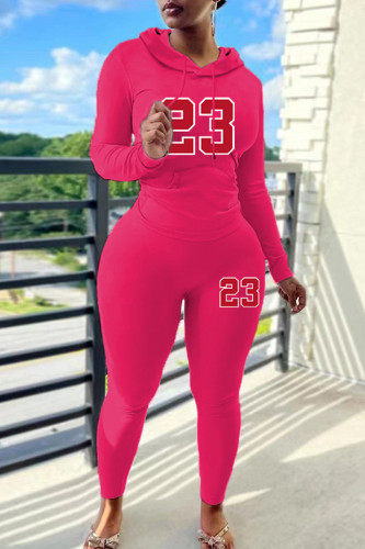 Rose Red Casual Letter Print Draw String Hooded Long Sleeve Sweatshirt And Pants Sportwear Two Pieces Jogger Sets