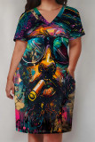Black Casual Figure Print Pocket V Neck Short Sleeves Pocket Loose Plus Size T-shirt Midi Dresses
