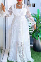 White Elegant Solid Color Patchwork See-Through With Belt V Neck Plus Size Two Pieces