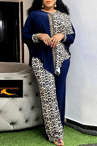 Navy Blue Casual Leopard Print Hot Drill O Neck Long Sleeve Blouse And Wide Leg Pants Vacation Plus Size Two Pieces Trouser Sets