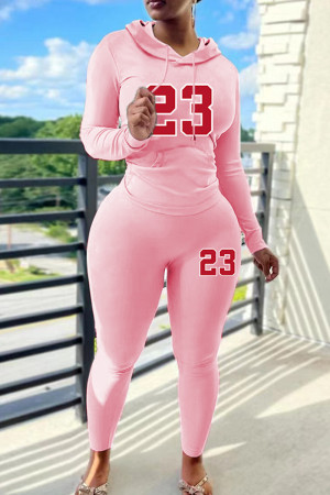 Pink Casual Letter Print Draw String Hooded Long Sleeve Sweatshirt And Pants Sportwear Two Pieces Jogger Sets