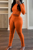 Orange Casual O Neck Long Sleeve Crop Tops And Pants Two Pieces Trouser Sets