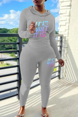 Grey Casual Letter Print Draw String Hooded Long Sleeve Sweatshirt And Pants Sportwear Two Pieces Jogger Sets