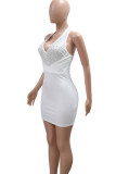 Red Hot Drill Sleeveless Backless Deep V Neck Wrapped Skirt Halter Bodycon Mini Dresses