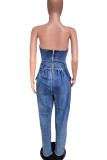 Deep Blue Casual Backless Strapless Pocket Loose Denim Tube Tops Jumpsuits
