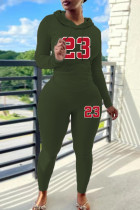 Army Green Casual Letter Print Draw String Hooded Long Sleeve Sweatshirt And Pants Sportwear Two Pieces Jogger Sets