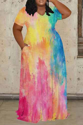 Yellow Pink Casual Print Patchwork O Neck Long Plus Size Dresses