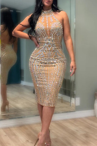 Apricot Hot Drill Sleeveless Backless O Neck Wrapped Skirt Formal Evening Party Bodycon Midi Dresses