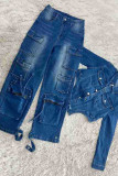 Light Blue Casual Turndown Collar Long Sleeve Pocket Buckle Denim Crop Jackets And Cargo Pants Two Pieces Trouser Sets