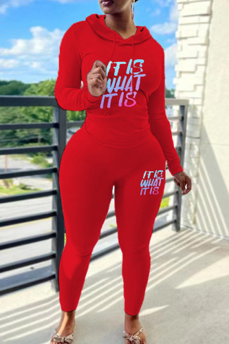 Red Casual Letter Print Draw String Hooded Long Sleeve Sweatshirt And Pants Sportwear Two Pieces Jogger Sets