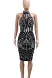 Apricot Hot Drill Sleeveless Backless O Neck Wrapped Skirt Formal Evening Party Bodycon Midi Dresses