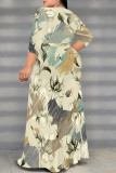 Multicolor Floral Print V Neck Half Sleeve Lace Up Slit Floor Length Belted Long Vacation Plus Size A Line Maxi Dress