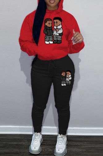 Red Black Casual Graphics Sweatshirt And Pants Print Pocket Hooded Long Sleeve Sportwear Two Pieces Jogger Sets