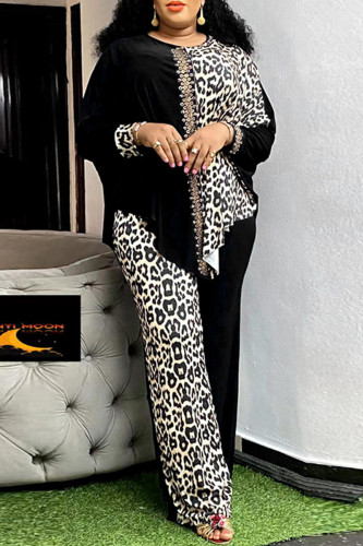 Black Casual Leopard Print Hot Drill O Neck Long Sleeve Blouse And Wide Leg Pants Vacation Plus Size Two Pieces Trouser Sets