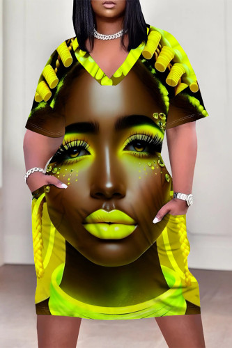 Fluorescent Yellow Casual Figure Print Pocket V Neck Short Sleeves Pocket Loose Plus Size T-shirt Midi Dresses