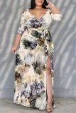 Multicolor Floral Print V Neck Half Sleeve Lace Up Slit Floor Length Belted Long Vacation Plus Size A Line Maxi Dress
