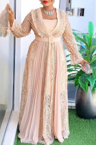 Champagne Elegant Solid Color Patchwork See-Through With Belt V Neck Plus Size Two Pieces