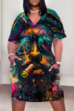 Black Casual Figure Print Pocket V Neck Short Sleeves Pocket Loose Plus Size T-shirt Midi Dresses