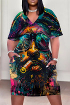 Colour Casual Figure Print Pocket V Neck Short Sleeves Pocket Loose Plus Size T-shirt Midi Dresses