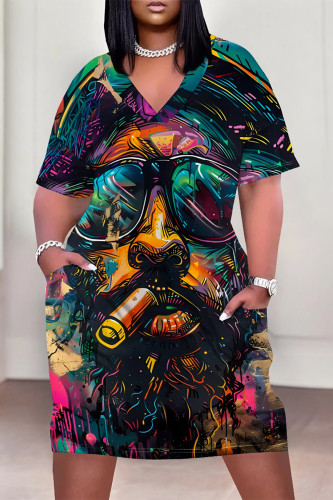 Colour Casual Figure Print Pocket V Neck Short Sleeves Pocket Loose Plus Size T-shirt Midi Dresses