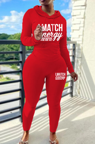 Red Casual Letter Print Draw String Hooded Long Sleeve Sweatshirt And Pants Sportwear Two Pieces Jogger Sets