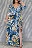 Multicolor Floral Print V Neck Half Sleeve Lace Up Slit Floor Length Belted Long Vacation Plus Size A Line Maxi Dress