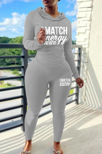 Grey Casual Letter Print Draw String Hooded Long Sleeve Sweatshirt And Pants Sportwear Two Pieces Jogger Sets