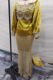 Golden Yellow Lace Flower Print Off Shoulder Puffle Sleeve Long Formal Evening Party Maxi Dresses