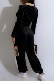 Black Casual Print V Neck Long Sleeve Pocket Jackets And Cargo Pants Sportwear Two Pieces Jogger Sets