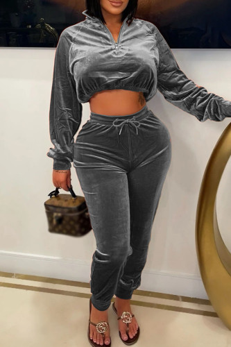 Grey Casual Zipper Collar Long Sleeve Crop Tops And Sweatpants Sportwear Two Pieces Jogger Sets