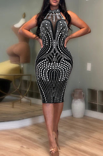 Black Hot Drill Sleeveless Backless O Neck Wrapped Skirt Formal Evening Party Bodycon Midi Dresses