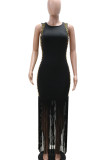 Black Hot Drill Sleeveless Fringed Trim Zipper O Neck Long Formal Party Evening Bodycon Maxi Dresses