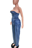 Deep Blue Casual Backless Strapless Pocket Loose Denim Tube Tops Jumpsuits