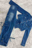 Light Blue Casual Turndown Collar Long Sleeve Pocket Buckle Denim Crop Jackets And Cargo Pants Two Pieces Trouser Sets