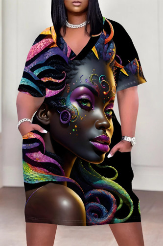 Black Casual Figure Print Pocket V Neck Short Sleeves Pocket Loose Plus Size T-shirt Midi Dresses