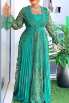 Green Elegant Solid Color Patchwork See-Through With Belt V Neck Plus Size Two Pieces
