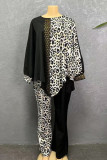 Navy Blue Casual Leopard Print Hot Drill O Neck Long Sleeve Blouse And Wide Leg Pants Vacation Plus Size Two Pieces Trouser Sets