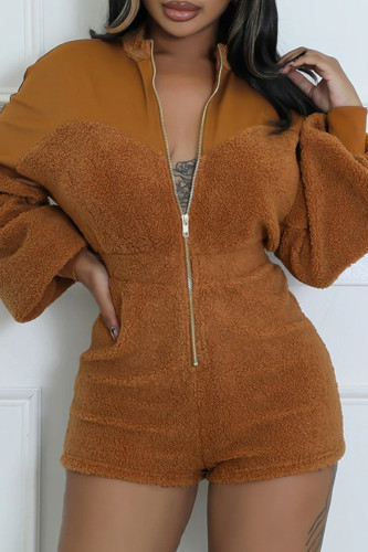 Brown Casual Zipper Collar Long Sleeve Fluffy Fleece Rompers