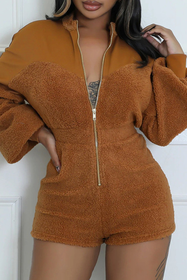 Brown Casual Zipper Collar Long Sleeve Fluffy Fleece Rompers