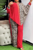 Navy Blue Casual Leopard Print Hot Drill O Neck Long Sleeve Blouse And Wide Leg Pants Vacation Plus Size Two Pieces Trouser Sets