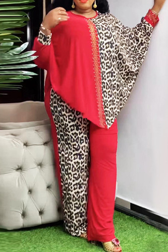 Red Casual Leopard Print Hot Drill O Neck Long Sleeve Blouse And Wide Leg Pants Vacation Plus Size Two Pieces Trouser Sets