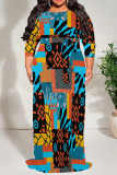 Blue Casual Geometric Print Lace Up Contrast O Neck Printed Plus Size Dresses